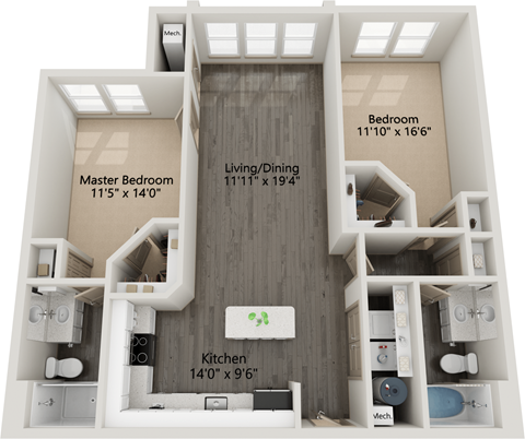Floor plan for 2 beds, 2 baths, 1142 sqft